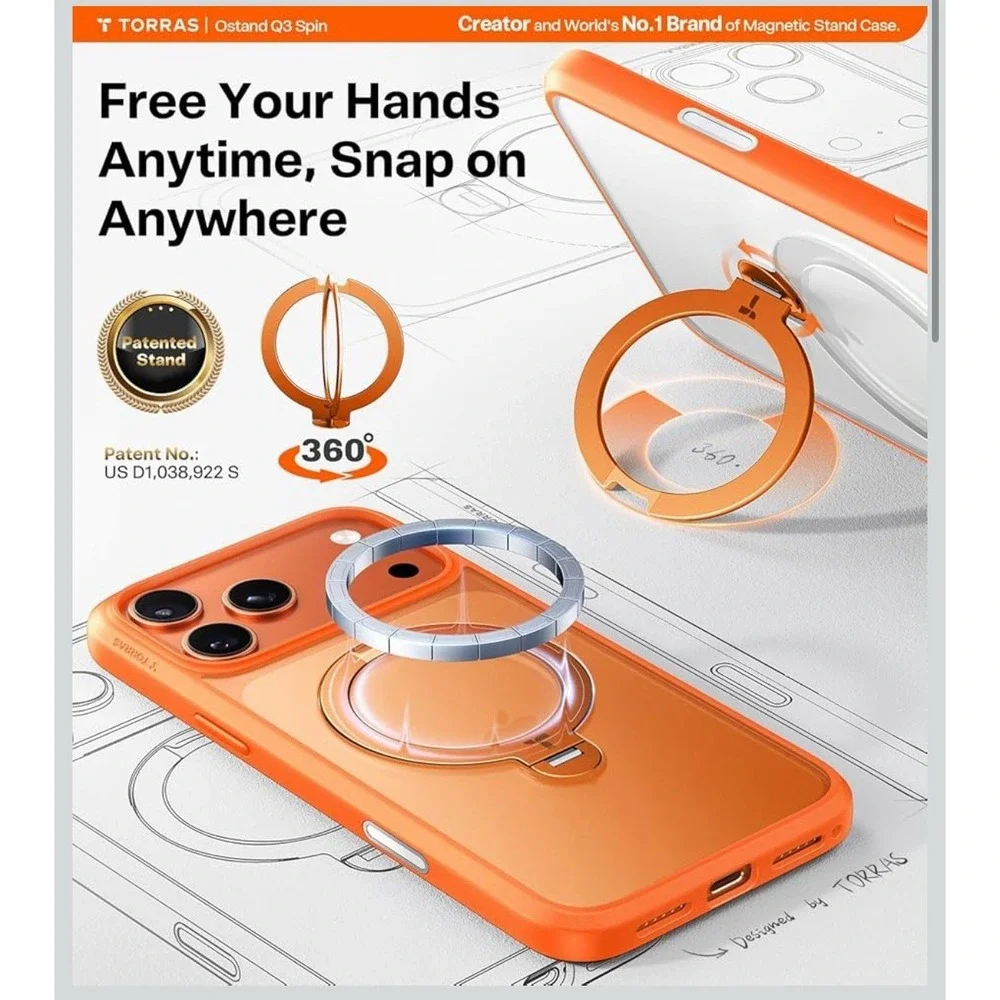 TORRAS Q3 Spin for iPhone‎ 17 Pro Case, Patented 360 Magnetic Stand-Orange
